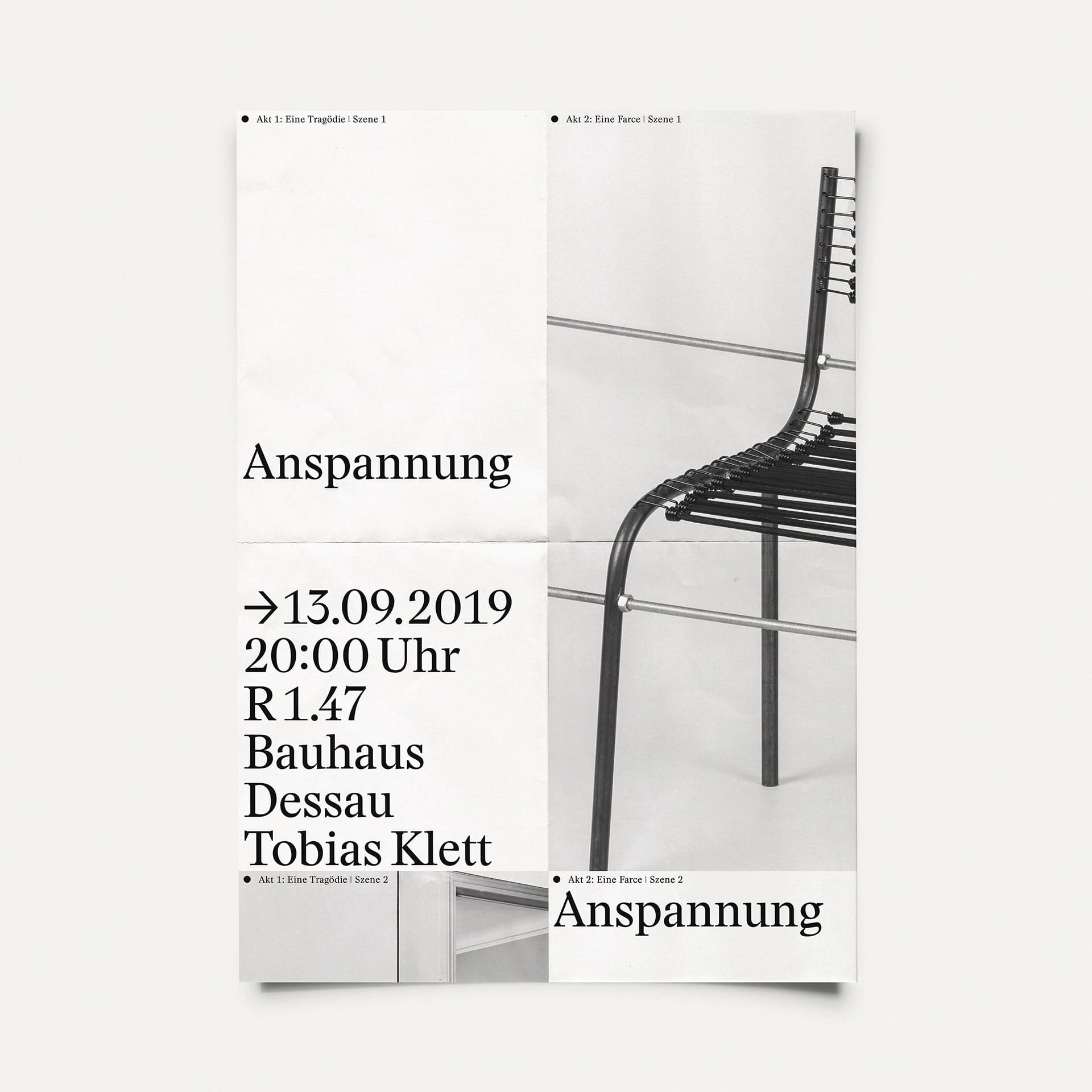 Plakat zu der Performance Anspannung von Tobias Klett. 2019 im Bauhaus Dessau zum Festival Bühne Total 2019.  Mit Anastasia Nadja Heller, Clemens Kersten, Sophia Eisenhut Sound-Installation mit Nina Wolf, Paul Trempnau Regie, Text, Bühne: Tobias Klett